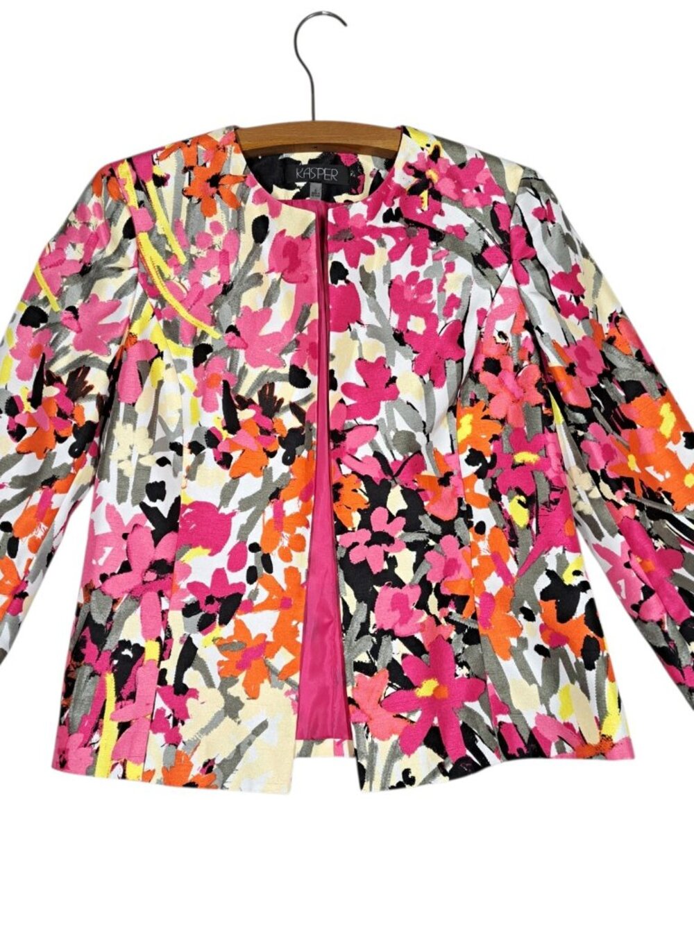 Kasper Womens Blazer Jacket Pink Floral Sz 6 Bright Open Front Collarless Spring